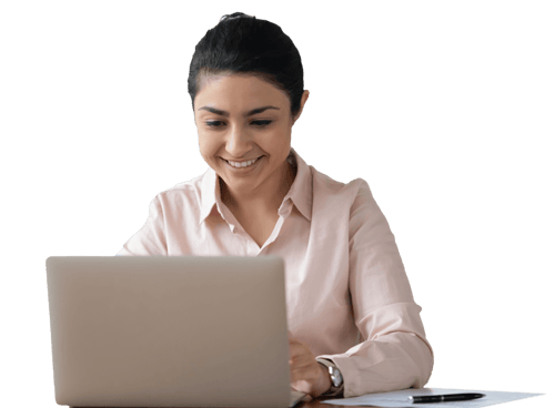 Confident employee using a laptop to access debt-free tuition through a pulsing CourseCash digital card overlay, representing modern universal direct pay benefits.